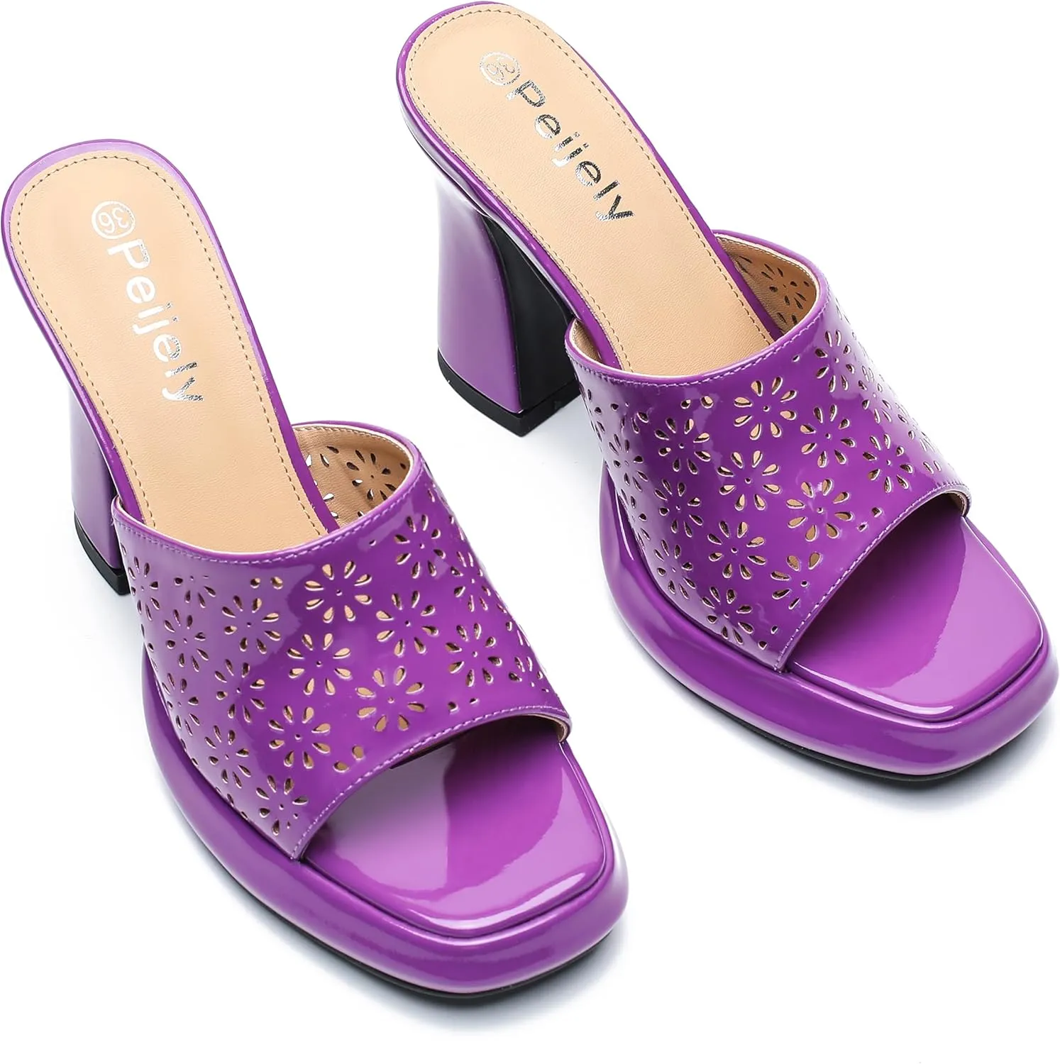 Womens Hollow Out Platform Heels Flower Square Toe High Chunky Heeled Mule Dress Party Sandals