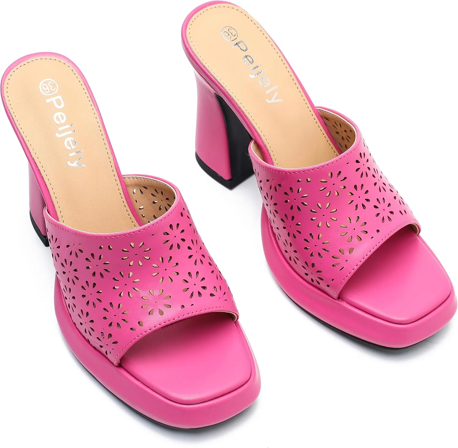 Womens Hollow Out Platform Heels Flower Square Toe High Chunky Heeled Mule Dress Party Sandals