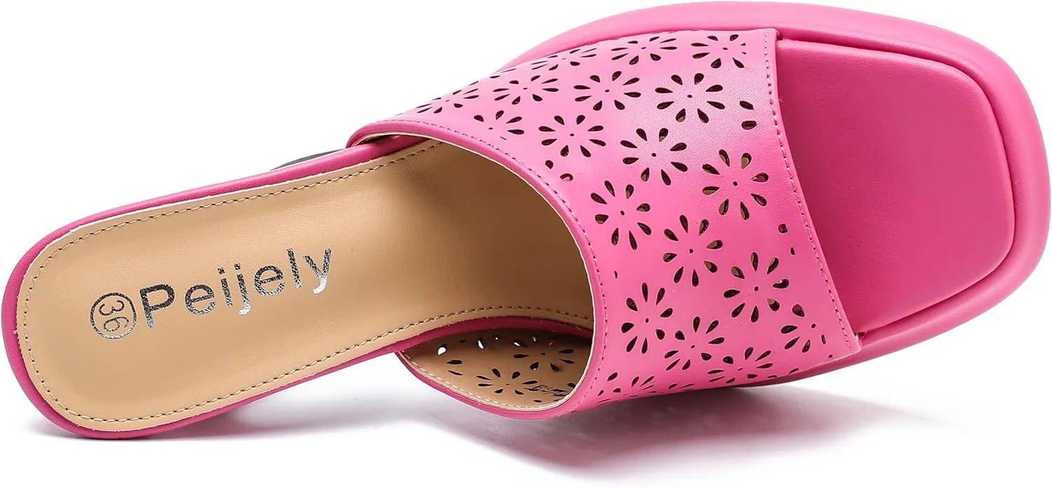 Womens Hollow Out Platform Heels Flower Square Toe High Chunky Heeled Mule Dress Party Sandals