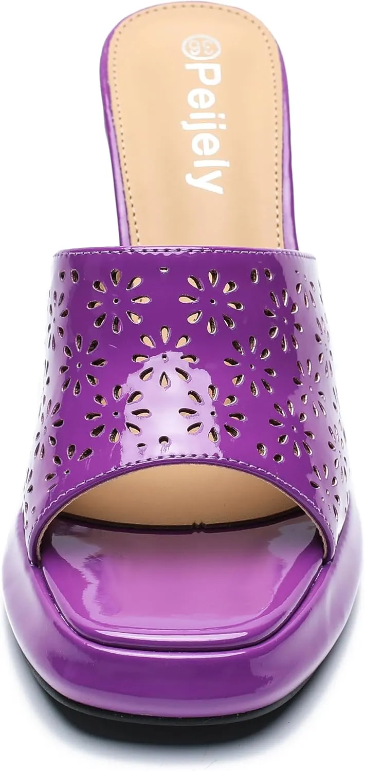 Womens Hollow Out Platform Heels Flower Square Toe High Chunky Heeled Mule Dress Party Sandals