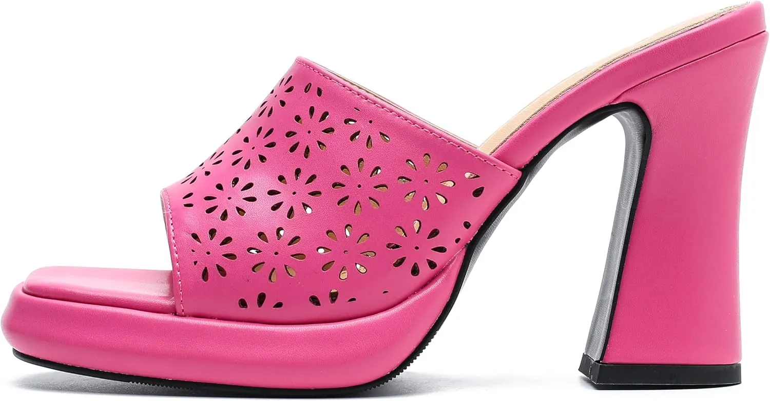 Womens Hollow Out Platform Heels Flower Square Toe High Chunky Heeled Mule Dress Party Sandals