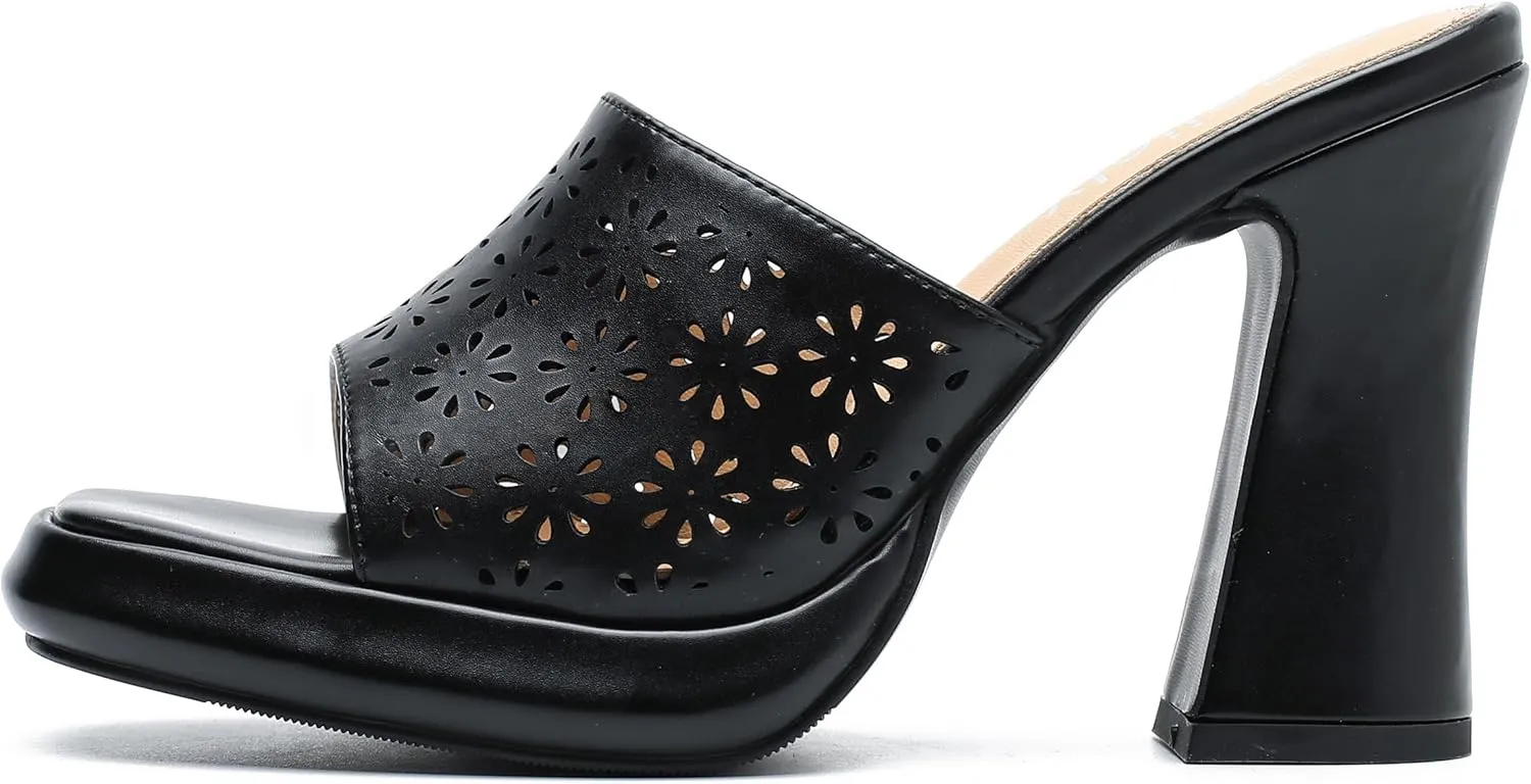 Womens Hollow Out Platform Heels Flower Square Toe High Chunky Heeled Mule Dress Party Sandals