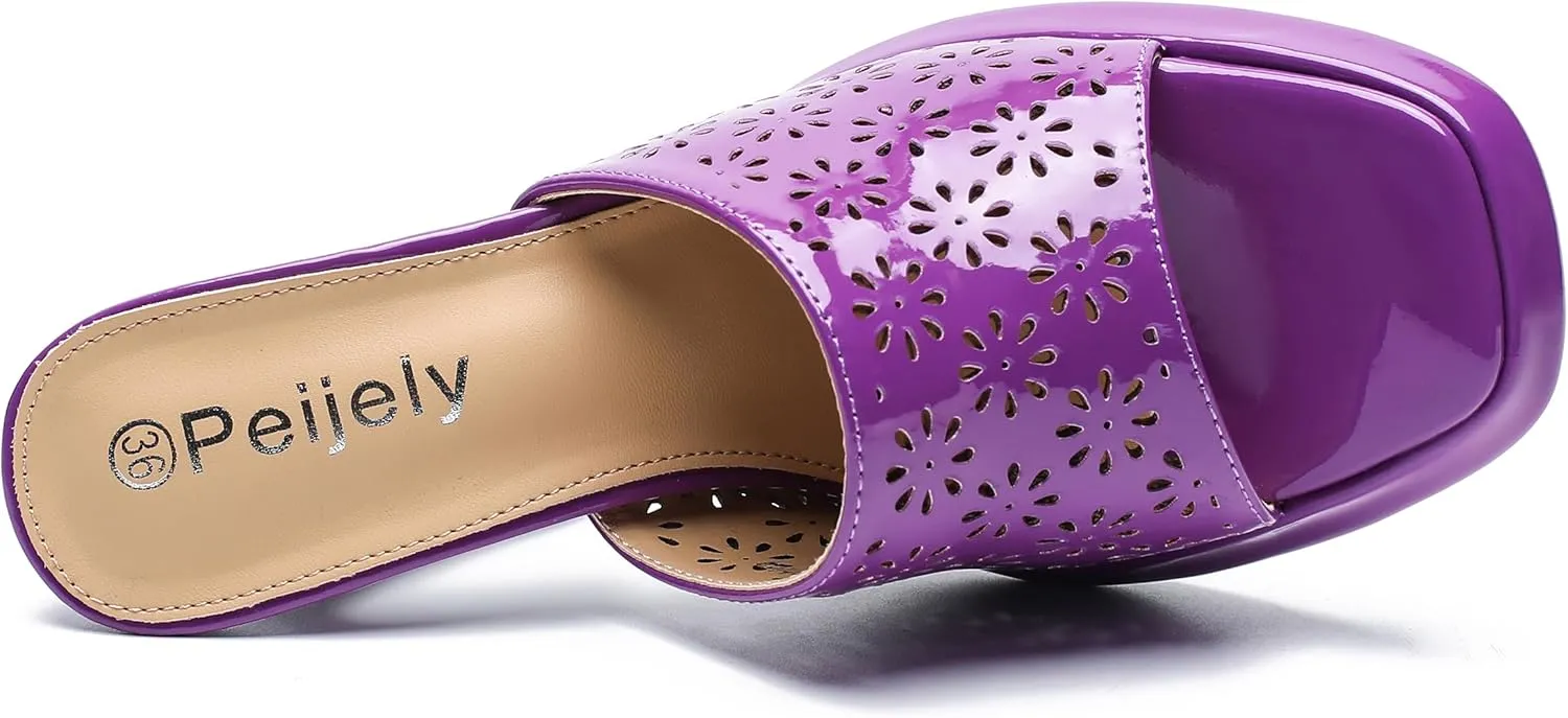 Womens Hollow Out Platform Heels Flower Square Toe High Chunky Heeled Mule Dress Party Sandals
