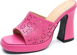 Womens Hollow Out Platform Heels Flower Square Toe High Chunky Heeled Mule Dress Party Sandals