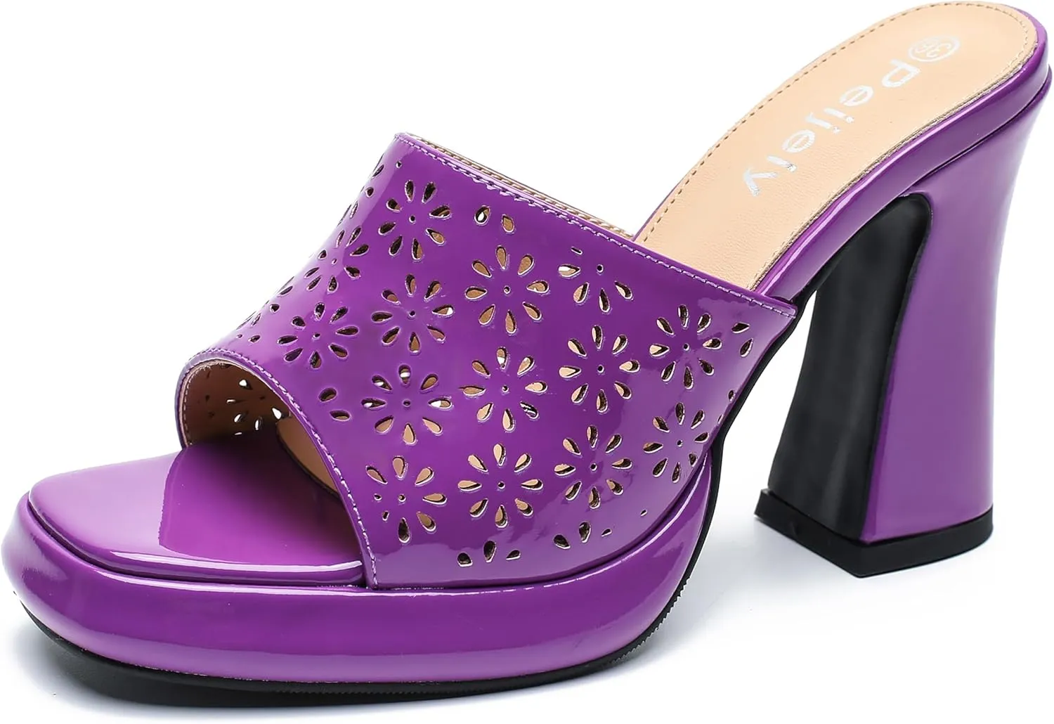 Womens Hollow Out Platform Heels Flower Square Toe High Chunky Heeled Mule Dress Party Sandals
