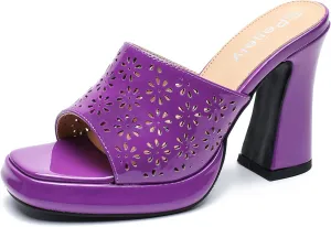 Womens Hollow Out Platform Heels Flower Square Toe High Chunky Heeled Mule Dress Party Sandals