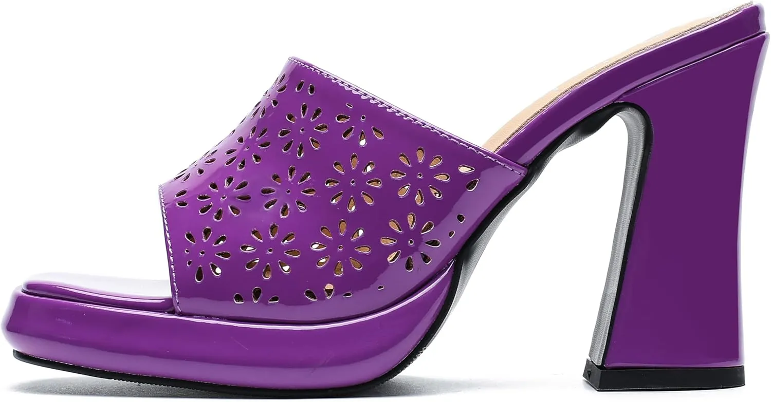 Womens Hollow Out Platform Heels Flower Square Toe High Chunky Heeled Mule Dress Party Sandals