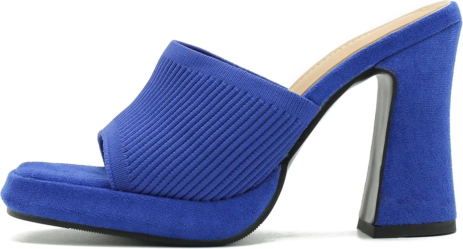 Women's Knit Platform Heels Square Toe High Chunky Heeled Mule Dress Party Sandals