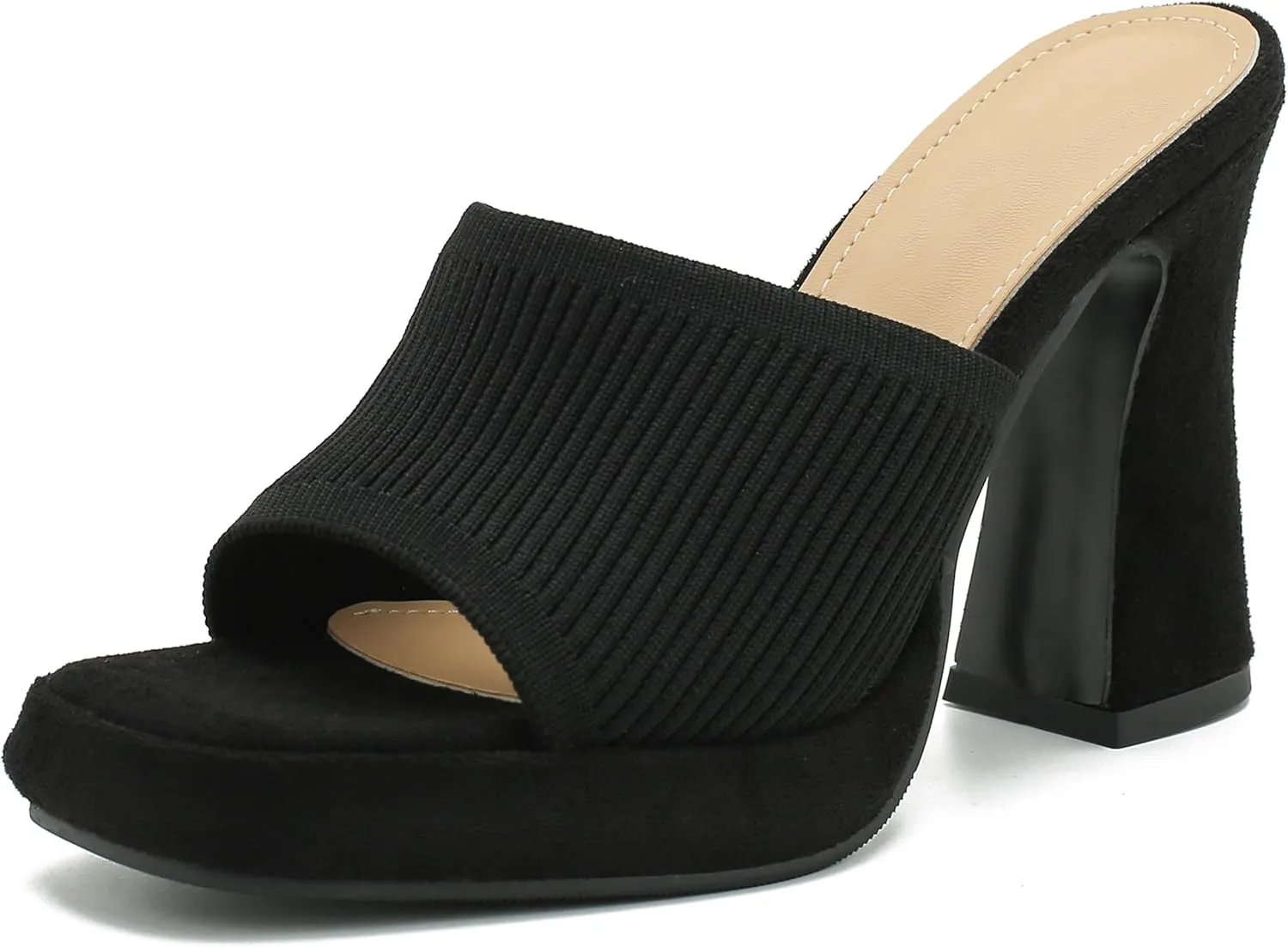 Women's Knit Platform Heels Square Toe High Chunky Heeled Mule Dress Party Sandals