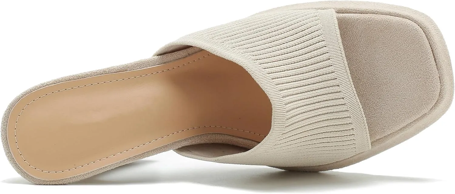 Women's Knit Platform Heels Square Toe High Chunky Heeled Mule Dress Party Sandals