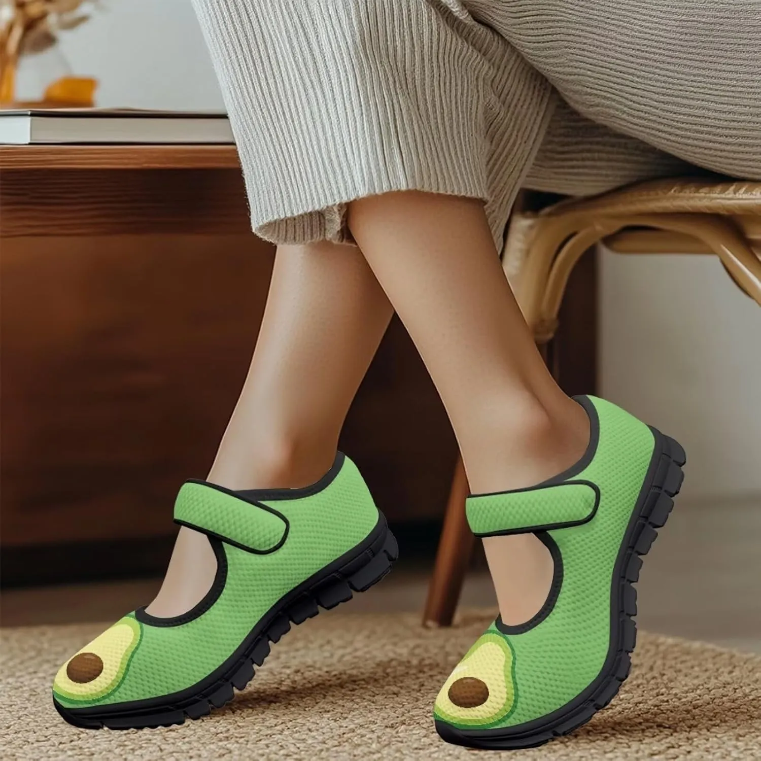 Womens Mary Jane Shoes Fruits Print Lightweight Breathable Anti Slip Casual Sneaker with Magic Sticker