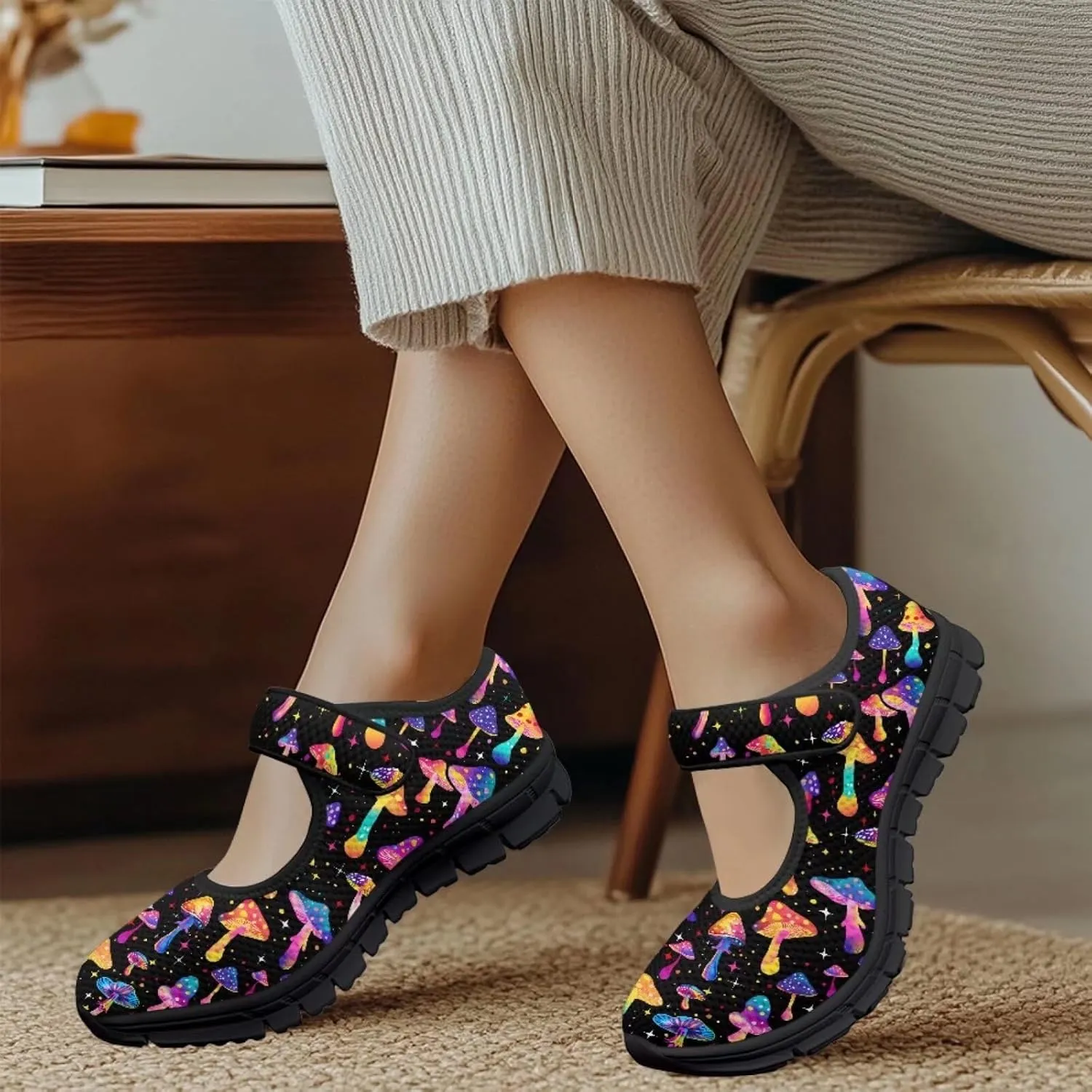 Womens Mushroom Print Mary Jane Flats Breathable Casual Shoes Lightweight Non Slip Fashion Walking Sneakers