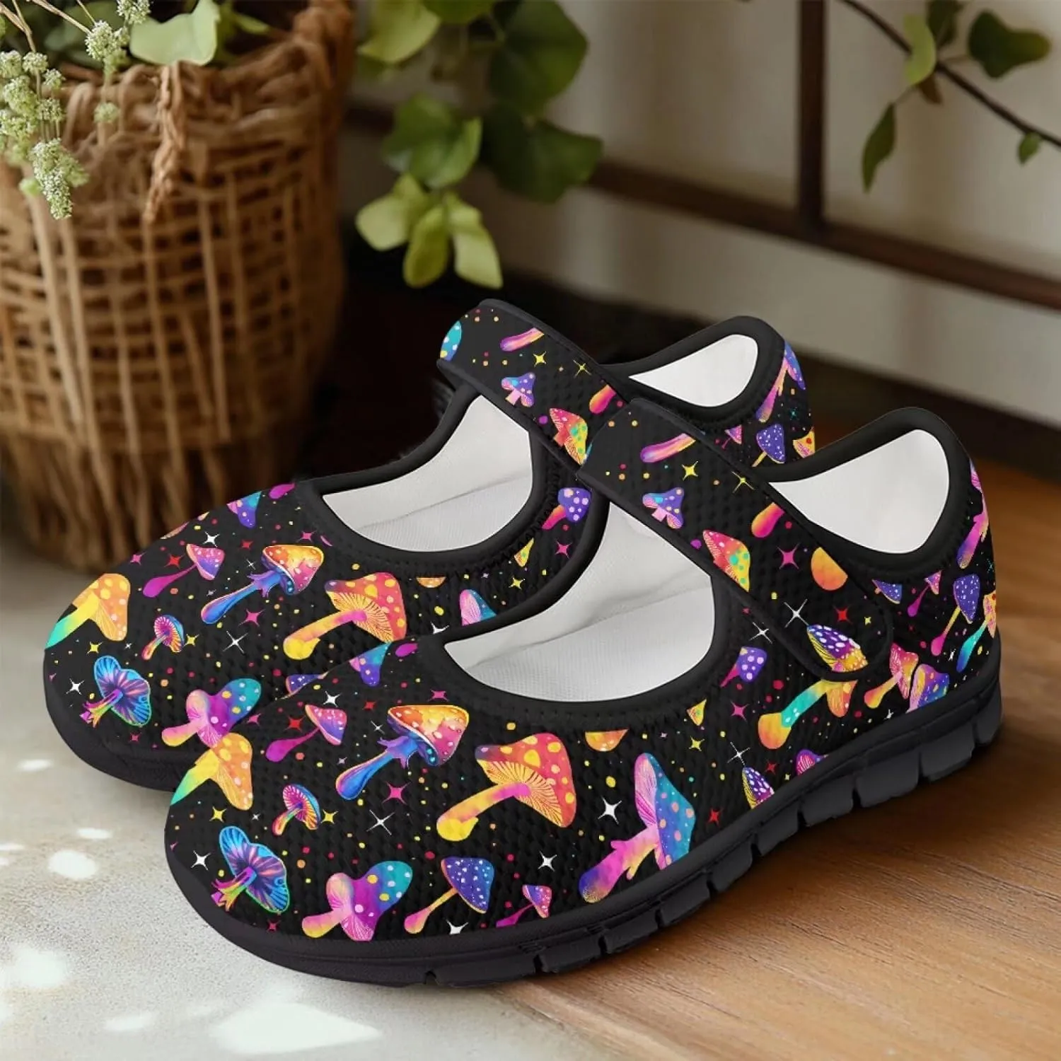 Womens Mushroom Print Mary Jane Flats Breathable Casual Shoes Lightweight Non Slip Fashion Walking Sneakers
