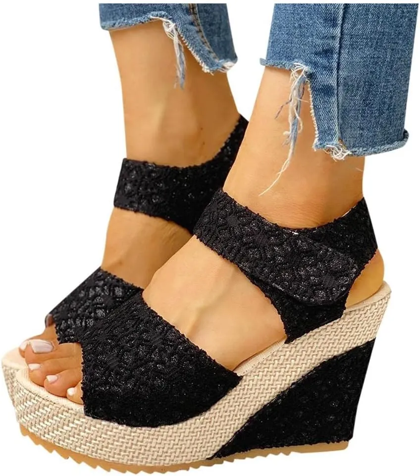 Women's Platform Sandals Wedge Open Toe Ankle Strap Lace Wedding Bridesmaid Shoes Summer Comfortable Rhinestone Casual Dressy