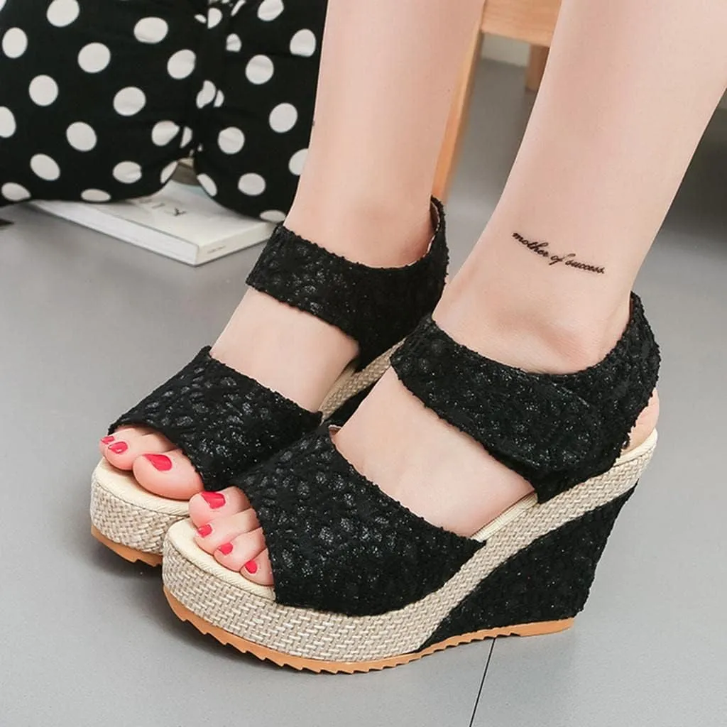 Women's Platform Sandals Wedge Open Toe Ankle Strap Lace Wedding Bridesmaid Shoes Summer Comfortable Rhinestone Casual Dressy