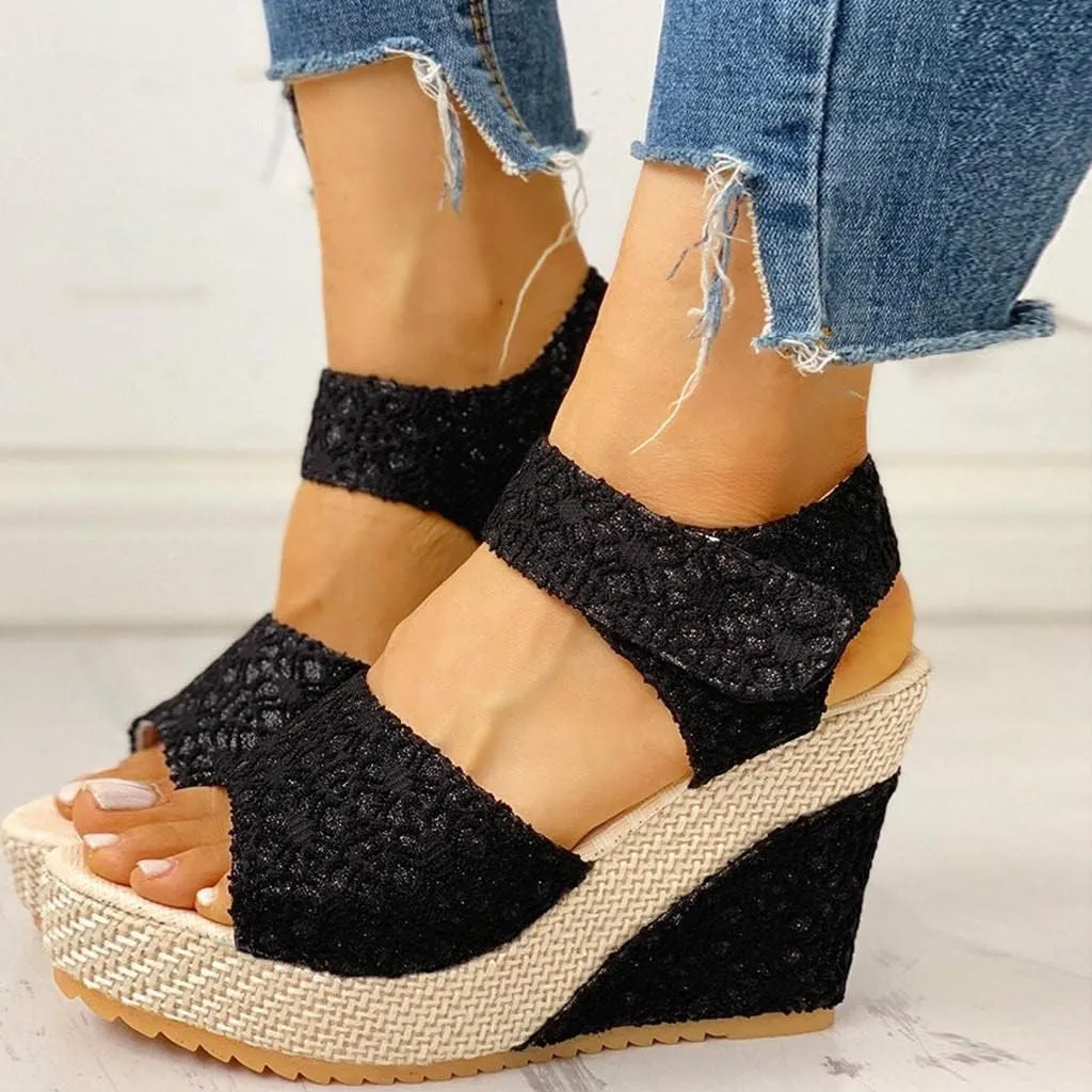 Women's Platform Sandals Wedge Open Toe Ankle Strap Lace Wedding Bridesmaid Shoes Summer Comfortable Rhinestone Casual Dressy