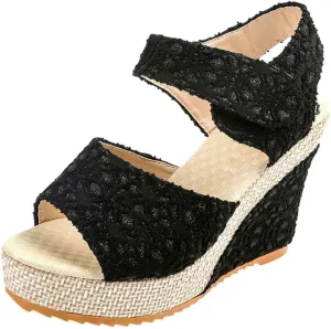 Women's Platform Sandals Wedge Open Toe Ankle Strap Lace Wedding Bridesmaid Shoes Summer Comfortable Rhinestone Casual Dressy