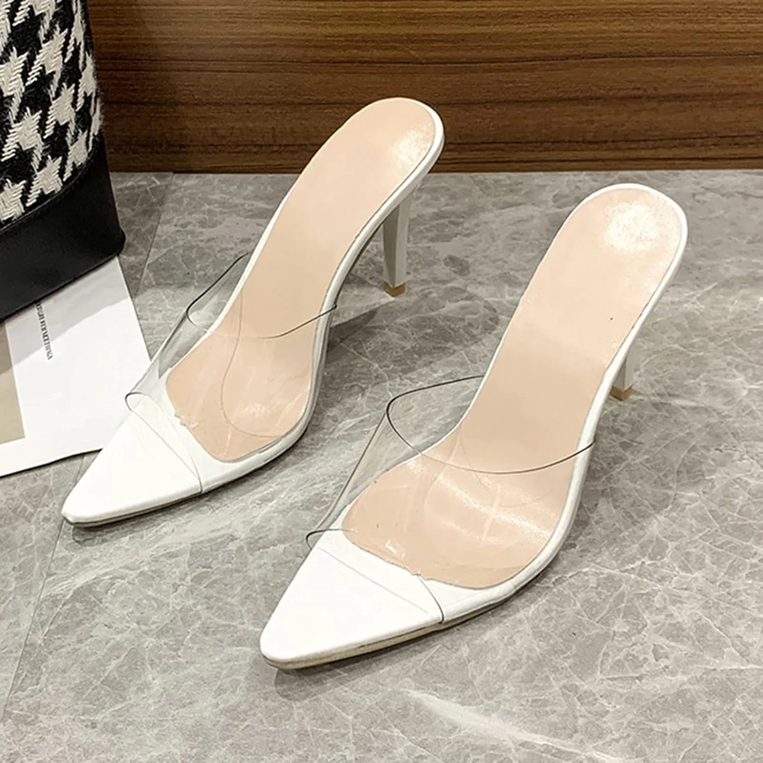 Women's Sandals Transparent Stiletto Heels Open Toe Mules Slip On Wedding Bridal Dress Shoes High Heel Sandals