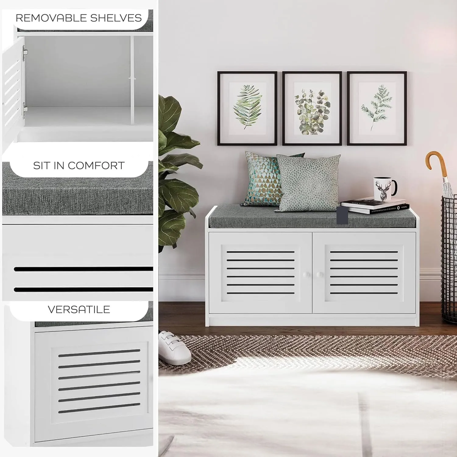 Wooden Shoe Storage Bench Organizer Cushioned Seat with Adjustable Shelves for Entryways, Living Rooms, or Bedrooms, White
