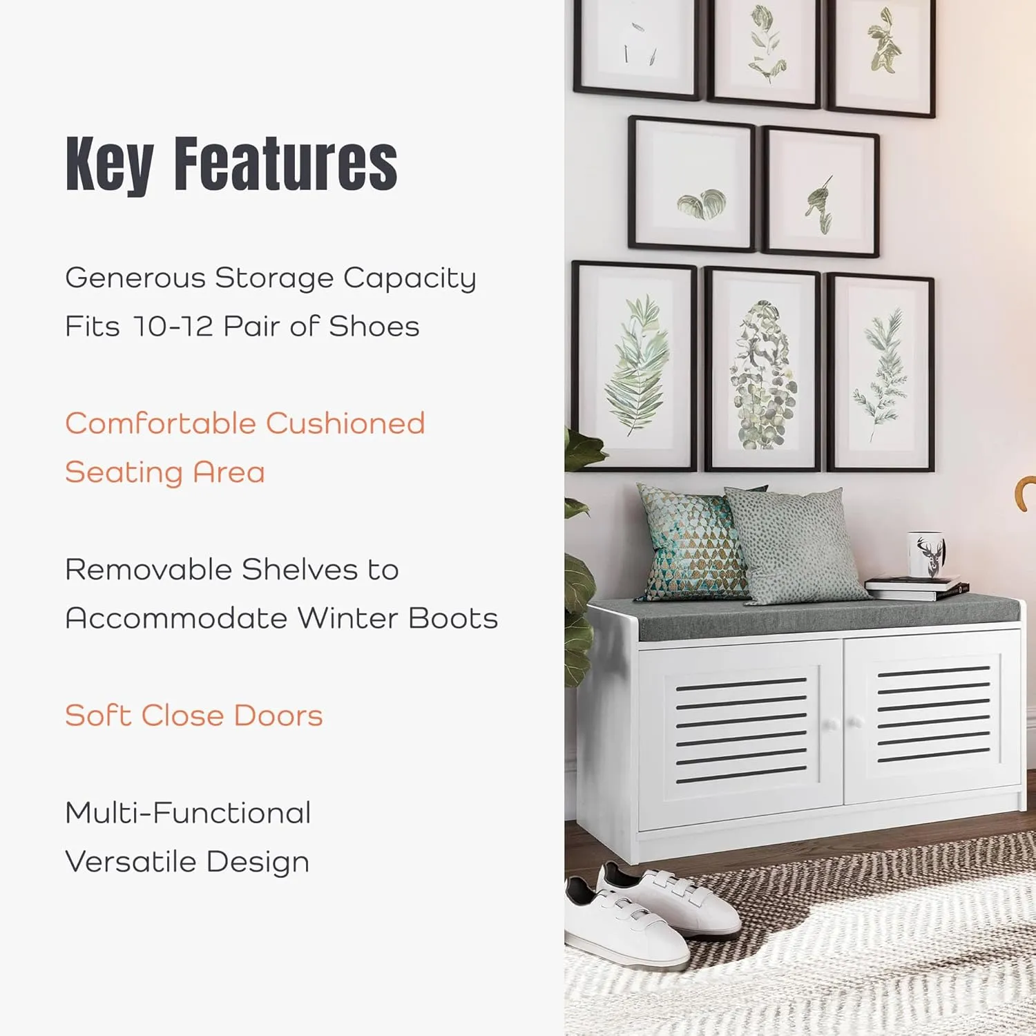 Wooden Shoe Storage Bench Organizer Cushioned Seat with Adjustable Shelves for Entryways, Living Rooms, or Bedrooms, White