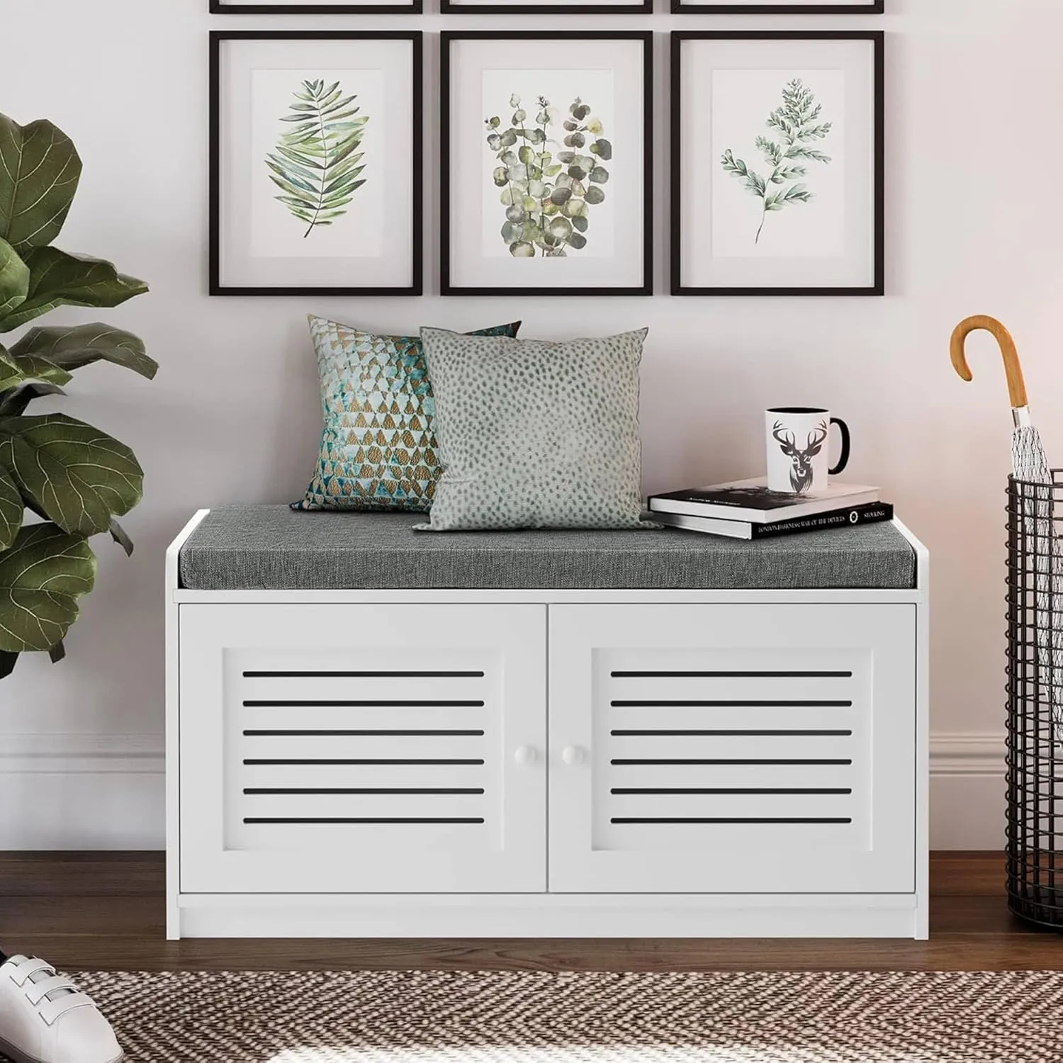 Wooden Shoe Storage Bench Organizer Cushioned Seat with Adjustable Shelves for Entryways, Living Rooms, or Bedrooms, White