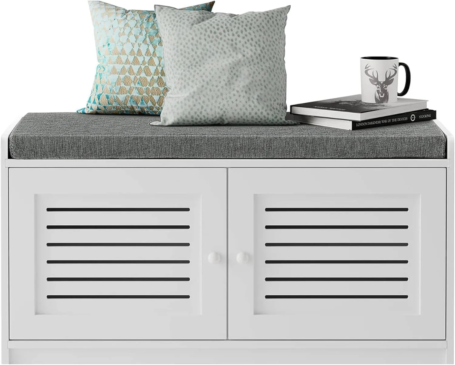 Wooden Shoe Storage Bench Organizer Cushioned Seat with Adjustable Shelves for Entryways, Living Rooms, or Bedrooms, White