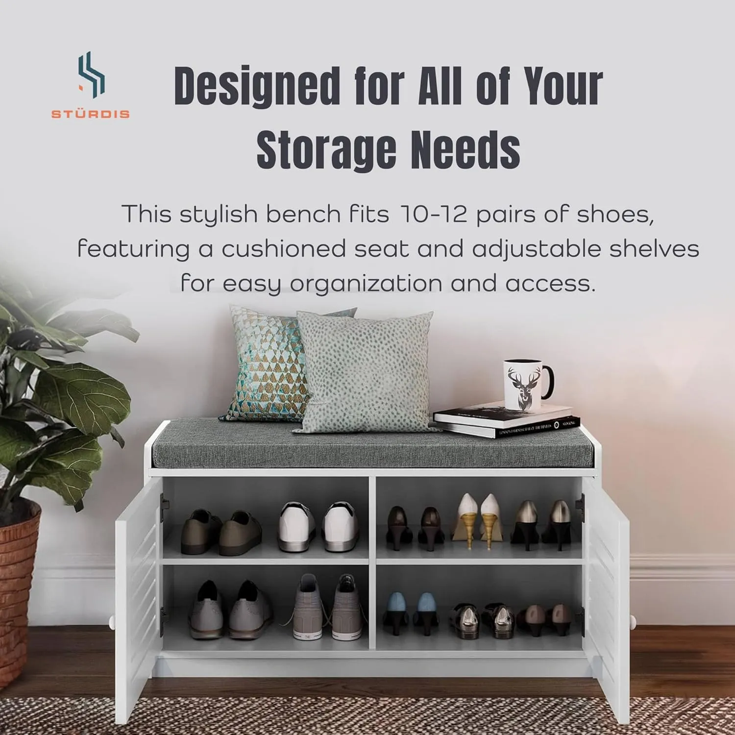 Wooden Shoe Storage Bench Organizer Cushioned Seat with Adjustable Shelves for Entryways, Living Rooms, or Bedrooms, White