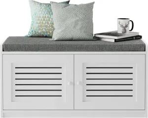 Wooden Shoe Storage Bench Organizer Cushioned Seat with Adjustable Shelves for Entryways, Living Rooms, or Bedrooms, White