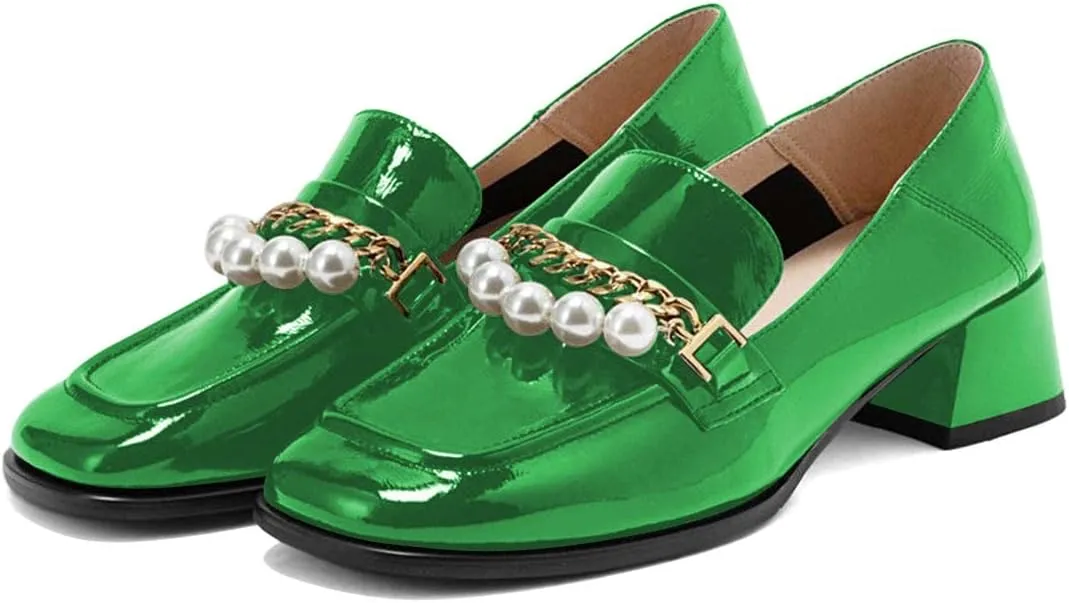XYD Women Classic Closed Square Toe Golden Chain Pearl Loafer Low Chunky Heel Slip On Fall Daily Walking Comfy Shoes