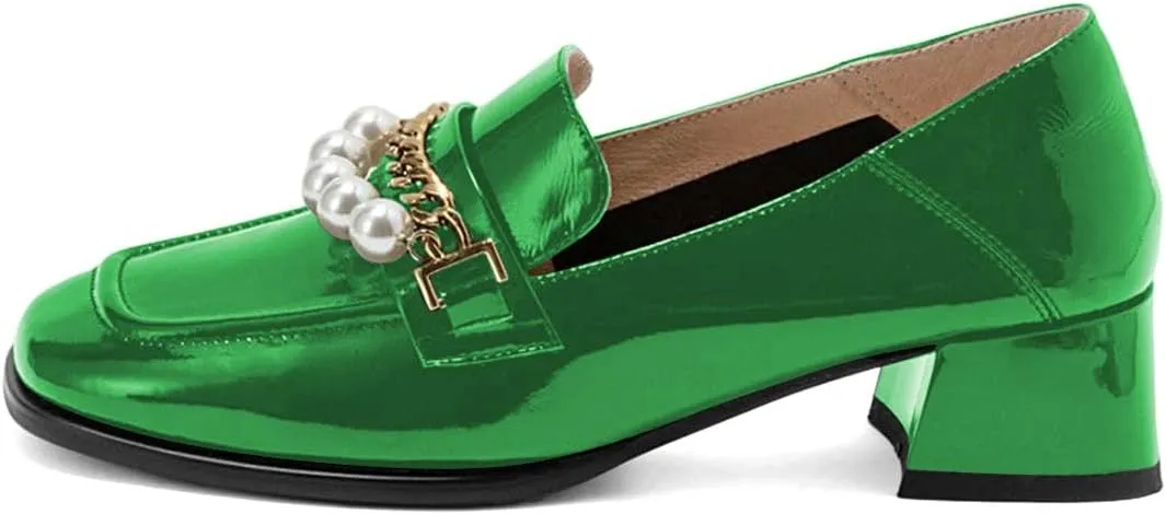XYD Women Classic Closed Square Toe Golden Chain Pearl Loafer Low Chunky Heel Slip On Fall Daily Walking Comfy Shoes