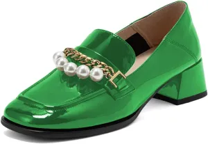 XYD Women Classic Closed Square Toe Golden Chain Pearl Loafer Low Chunky Heel Slip On Fall Daily Walking Comfy Shoes