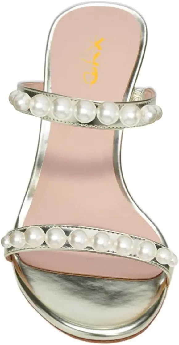 XYD Women Pearl Slide Sandals Spherical Low Heels Open Toe Beaded Two Straps Summer Casual Dress Slippers Shoes