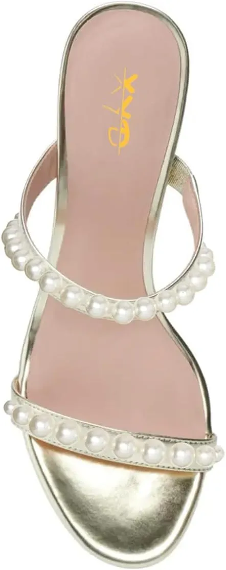 XYD Women Pearl Slide Sandals Spherical Low Heels Open Toe Beaded Two Straps Summer Casual Dress Slippers Shoes