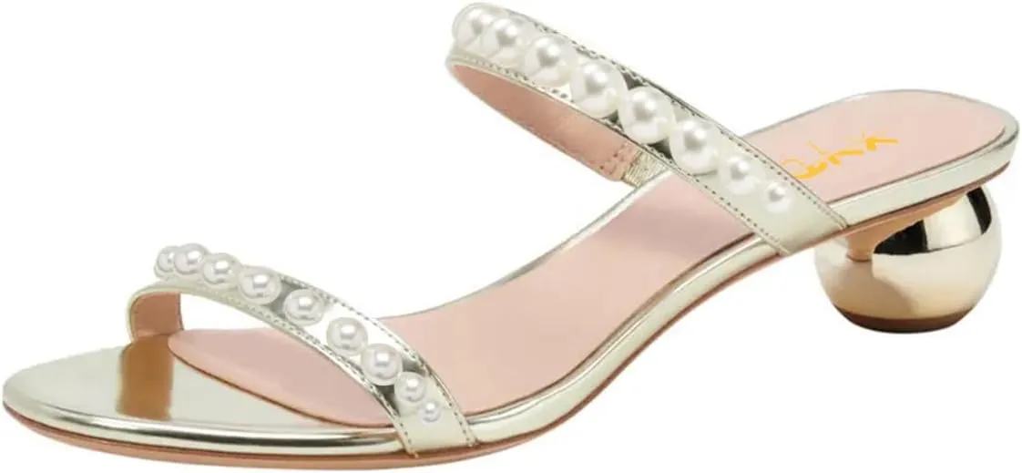 XYD Women Pearl Slide Sandals Spherical Low Heels Open Toe Beaded Two Straps Summer Casual Dress Slippers Shoes