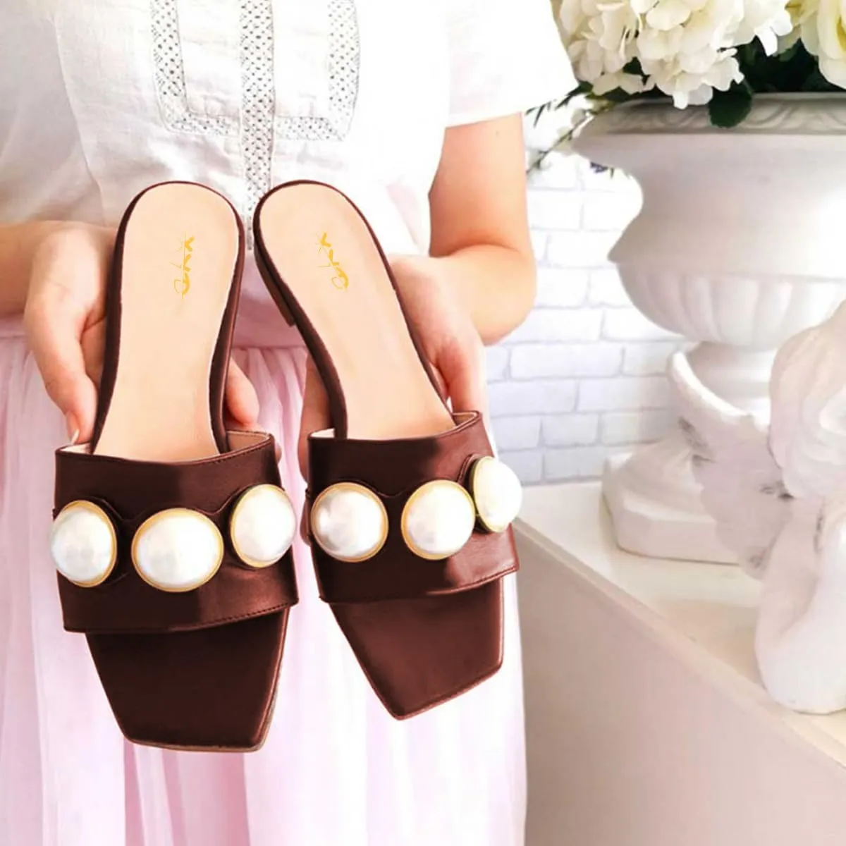 XYD Womens Square Open Toe Flat Beach Sandals Slip On Mule Slides Glossy Pearls Embellished Slipper Fashion Summer Dressy Shoes