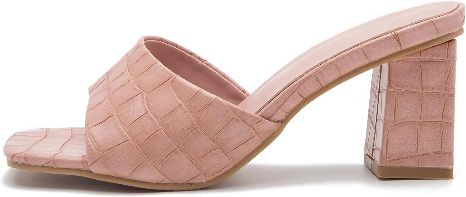 YooPrettyz Womens Slide Shoes Chunky Block Heels Thong Strap Summer Slip Ons Crocodile Retro Square Toe Mule Sandals
