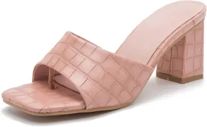YooPrettyz Womens Slide Shoes Chunky Block Heels Thong Strap Summer Slip Ons Crocodile Retro Square Toe Mule Sandals