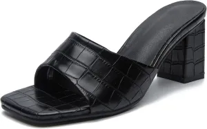 YooPrettyz Womens Slide Shoes Chunky Block Heels Thong Strap Summer Slip Ons Crocodile Retro Square Toe Mule Sandals